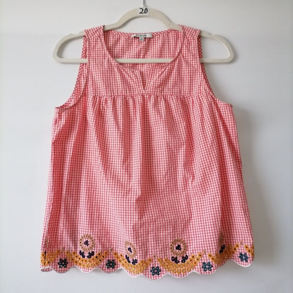 Madewell Womens Pink V-Neck Embroidered Gingham Plaid Tank Top Size Small